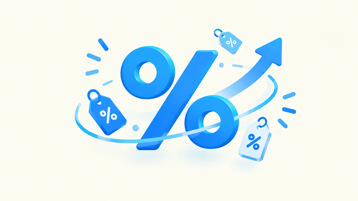 Flat illustration of a percentage symbol surrounded by price tags and a rising arrow