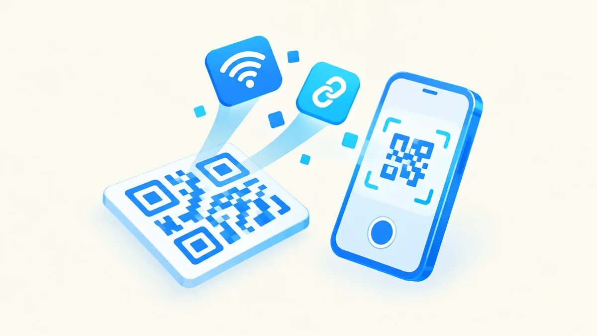 Flat illustration of a phone scanning a QR pattern with a wifi symbol and a link icon lifting out of it