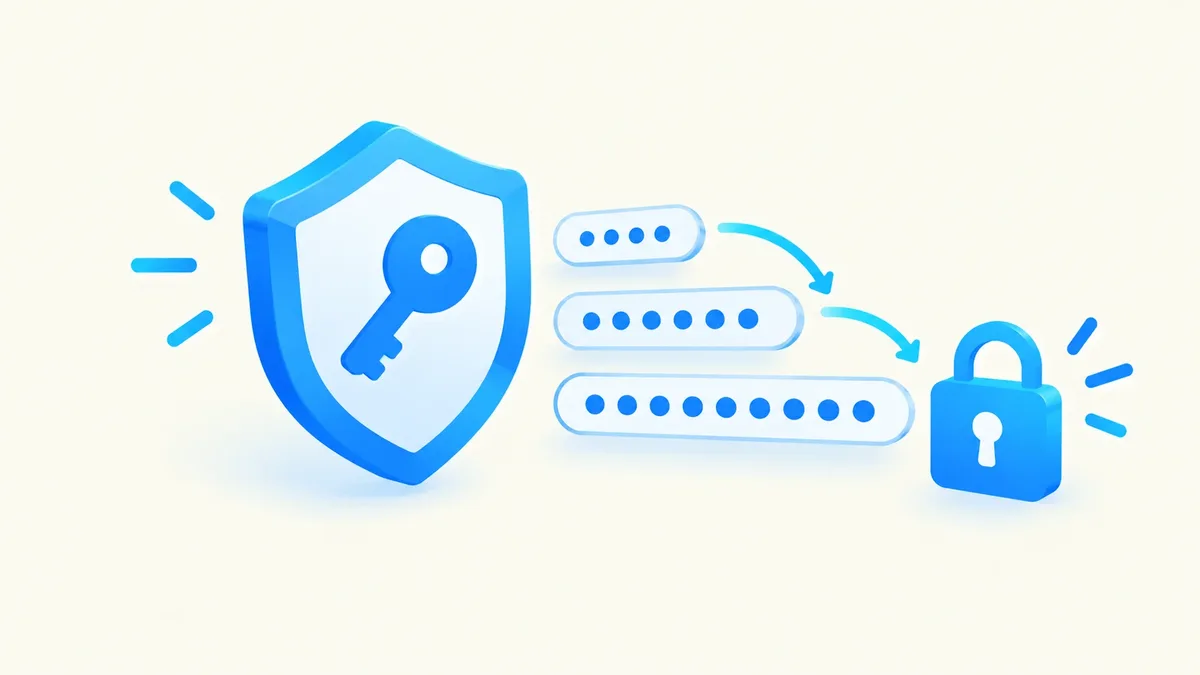 Flat illustration of a shield containing a key beside a row of dots representing a lengthening password