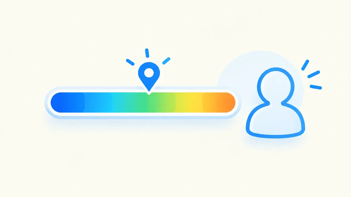 Flat illustration of a BMI gauge running from blue through green to amber with a marker pointing to the middle