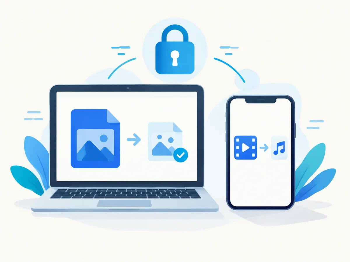 Illustration of image and video files converting privately on a laptop and phone, with a padlock representing privacy